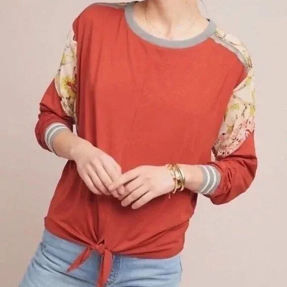 Anthropologie TINY Floral Mixed Media Soft Flowing Tie Hem Blouse - Picture 2 of 10